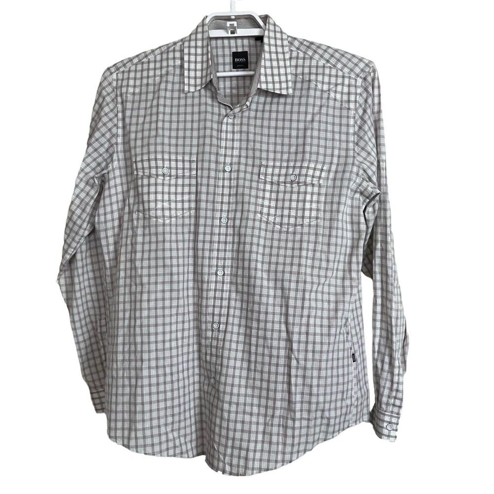 BOSS Hugo Boss Preston Shirt Mens Large Tan Plaid Slim Fit Long Sleeve Button Up - Picture 1 of 11